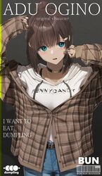  belt black_choker black_nails blue_eyes blue_pants bra_strap brown_belt brown_hair brown_jacket character_name choker clothes_writing commentary cover cowboy_shot dango_hair_ornament english_text fake_cover female food-themed_hair_ornament hair_bun hair_ornament highres hood hood_down hoodie jacket long_sleeves nail_polish noeru original pants parted_lips plaid plaid_jacket short_hair sideways_glance single_hair_bun solo standing symbol-only_commentary white_hoodie 