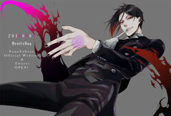  1boy artist_name biting black_hair black_jacket black_nails black_pants black_vest buttoned_cuffs buttons collar dated demon_boy dutch_angle formal glove_biting gloves grey_background jacket kuroshitsuji long_sleeves looking_at_viewer male_focus official_art pants red_eyes sebastian_michaelis simple_background smile smirk solo source_request standing suit teeth toboso_yana vest white_gloves 