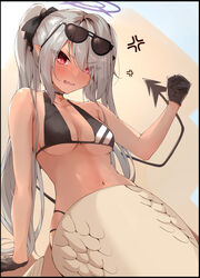  absurdres anger_vein angry arm_support bikini black_bikini black_choker black_gloves black_ribbon blue_archive breasts choker clenched_hand commentary eyes_visible_through_hair eyewear_on_head female gloves grey_hair hair_ribbon halo highres iori_(blue_archive) iori_(swimsuit)_(blue_archive) long_hair looking_at_viewer medium_breasts mermaid monster_girl monsterification multi-strapped_bikini_bottom navel official_alternate_costume pointy_ears red_eyes ribbon ryou_(ryo_217cafe) sitting solo sunglasses swimsuit tail twintails 