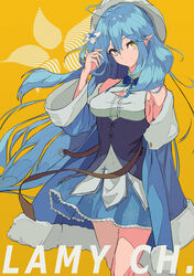  absurdres ahoge bad_id bad_pixiv_id belt beret blue_bow blue_bowtie blue_coat blue_hair blue_skirt bow bowtie breasts brown_belt character_name cleavage_cutout closed_mouth clothing_cutout coat commentary cowboy_shot dress english_commentary female floating_hair flower frilled_skirt frills fur-trimmed_coat fur_trim hair_between_eyes hair_flower hair_ornament hand_in_own_hair hat heart heart_ahoge highres hololive large_breasts light_blue_hair light_smile long_hair looking_at_viewer miniskirt off_shoulder open_clothes open_coat pleated_skirt pointy_ears sarasa_dry short_dress sideboob simple_background skirt sleeveless sleeveless_dress smile solo underbust very_long_hair virtual_youtuber white_dress white_hat wide_sleeves yellow_background yellow_eyes yukihana_lamy yukihana_lamy_(1st_costume) 