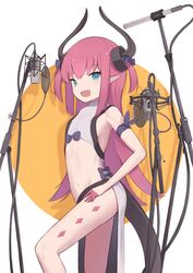  absurdres dragon_girl dragon_horns dragon_tail elizabeth_bathory_(fate) elizabeth_bathory_(fate/extra_ccc) fate/extra fate/grand_order fate_(series) female flat_chest green_eyes highres horns long_hair microphone open_mouth pointy_ears purple_hair shirt smile solo tail white_shirt yomogi_uehara 