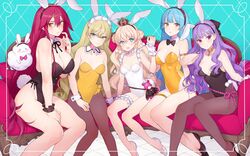  5girls animal_ears balin_(eiyuu_senki) bare_legs black_hairband black_legwear black_leotard blonde_hair blue_eyes blue_hair blunt_bangs bow bowtie breasts brown_eyes cleavage commentary_request couch crown detached_collar double_bun eiyuu_senki eiyuu_senki_ww feet_out_of_frame galahad_(eiyuu_senki) gawain_(eiyuu_senki) hair_bun hairband highres king_arthur_(eiyuu_senki) large_breasts leotard long_hair looking_at_viewer maid_headdress medium_breasts multiple_girls pantyhose playboy_bunny purple_eyes purple_hair rabbit_ears rabbit_tail red_eyes red_hair sir_kay_(eiyuu_senki) sitting small_breasts strapless strapless_leotard stuffed_animal stuffed_toy tail teddy_bear white_leotard wrist_cuffs yellow_leotard ygcn 