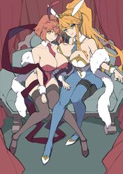  2girls animal_ears artoria_pendragon_(fate) artoria_pendragon_(swimsuit_ruler)_(fate) black_footwear black_thighhighs blonde_hair blue_nails blue_necktie blue_pantyhose braid breasts bunny_day chair chaise_longue crown curtains detached_collar emiya_shirou fake_animal_ears fate/grand_order fate/stay_night fate_(series) feather_boa fingernails genderswap_(mtf) gold_trim green_eyes hair_between_eyes hanahiyo_(hoimin) hand_on_another&#039;s_hip hand_on_another&#039;s_thigh high_ponytail highres large_breasts leotard long_hair medium_hair multiple_girls necktie on_chair orange_hair pantyhose playboy_bunny ponytail rabbit_ears red_curtains red_leotard red_nails red_necktie rule_63 shroud_of_magdalene sidelocks sitting strapless strapless_leotard thighhighs white_footwear white_leotard wrist_cuffs yellow_eyes 