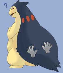  2022 absurd_res ambiguous_gender back_fat back_squish backrub belly biped blue_body blue_fur digital_drawing_(artwork) digital_media_(artwork) disembodied_hand double_chin duo fangs feral full-length_portrait fur generation_2_pokemon hand_on_back hi_res looking_back multicolored_body multicolored_fur nintendo nude obese obese_ambiguous obese_feral open_mouth overweight overweight_ambiguous overweight_feral pokemon pokemon_(species) portrait purple_background question_mark rear_view red_eyes simple_background solo_focus squish standing tan_body tan_fur teeth three-quarter_portrait two_tone_body two_tone_fur typhlosion xeniyy 