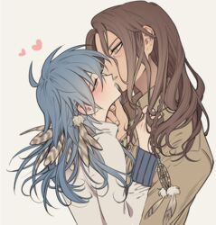  2boys androgynous bad_id bad_pixiv_id blue_hair braid brown_hair dramatical_murder eye_contact face-to-face feathers from_side hair_between_eyes half-closed_eyes hand_on_another&#039;s_chest hand_on_another&#039;s_chin hand_up heart highres kissing long_hair long_sleeves looking_at_another male_focus meremero mink_(dramatical_murder) multiple_boys open_mouth profile seragaki_aoba simple_background upper_body wavy_hair yaoi yellow_eyes 