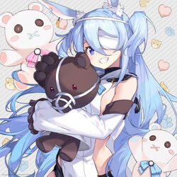  animal_ears artist_request bandage_over_one_eye bare_shoulders blue_eyes blue_hair breasts commentary company_name copyright_notice detached_sleeves diagonal_stripes english_commentary female gloves grey_background grin hair_between_eyes highres hugging_object little_witch_nobeta long_hair looking_at_viewer monica_(little_witch_nobeta) muzzle official_art one_eye_covered paw_print paw_print_background red_pupils sideboob sideless_outfit smile solo striped striped_background stuffed_animal stuffed_toy tabard tareme teddy_bear two_side_up upper_body white_tabard 