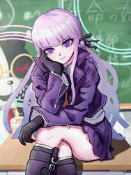  absurdres artist_name aruke_(gter7727) black_footwear black_gloves black_ribbon braid chalkboard closed_mouth danganronpa:_trigger_happy_havoc danganronpa_(series) female gloves hair_ribbon highres jacket kirigiri_kyoko long_hair monokuma pink_hair purple_eyes purple_jacket ribbon side_braid smile solo 