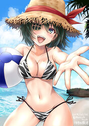  absurdres animal_print ball beach beachball bikini blue_sky breasts cleavage cloud collarbone commentary_request cowboy_shot day eyepatch female foreshortening green_eyes green_hair hat highres kantai_collection kiso_(kancolle) looking_at_viewer medium_breasts navel official_alternate_costume outdoors outstretched_arms palm_tree rock short_hair side-tie_bikini_bottom sky solo straw_hat swimsuit tiger_print tree waves yaegashi_(muzzuleflash) 