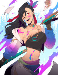  artist_name bandeau black_hair breasts choker crop_top cropped_jacket earrings elezen elf english_commentary female final_fantasy final_fantasy_xiv hair_between_eyes highres hilda_ware holding holding_paintbrush holding_palette hyur jacket jewelry koyorin large_breasts looking_at_viewer midriff navel necklace one_eye_closed open_clothes open_jacket open_mouth paint_on_body paint_on_clothes paint_splatter paint_splatter_on_face paintbrush palette_(object) pictomancer_(final_fantasy) pointy_ears ponytail red_eyes solo 