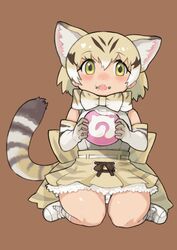  animal_ears blonde_hair bow bowtie brown_background cat_ears cat_girl cat_tail eating elbow_gloves extra_ears female food gloves green_eyes highres japari_bun kemono_friends looking_at_viewer rinx sand_cat_(kemono_friends) shirt shoes short_hair simple_background skirt sleeveless sleeveless_shirt solo tail 