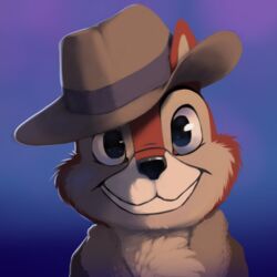  1:1 2023 absurd_res anthro black_nose blue_background brown_body brown_fur bust_portrait chest_tuft chip_&#039;n_dale_rescue_rangers chip_(disney) chipmunk clothed clothing digital_media_(artwork) disney fedora fur furgonomic_headwear furgonomics gradient_background ground_squirrel hat headgear headwear hi_res jacket looking_at_viewer lowfire3 male mammal open_clothing open_jacket open_topwear portrait rodent sciurid simple_background smile solo topwear tuft 