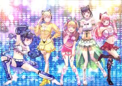  5girls animal_ear_headphones animal_ears bare_shoulders black_footwear blonde_hair blue_eyes blue_hair blue_shorts boots breasts cat_ear_headphones cleavage cleavage_cutout clenched_teeth clothing_cutout dark_blue_hair fake_animal_ears frilled_skirt frills green_eyes hands_up headphones heart_cutout high_heel_boots high_heels hououji_akane idol_clothes large_breasts long_hair looking_at_viewer makuzawa_ouka megami_no_kafeterasu miniskirt multiple_girls navel official_art one_eye_closed ono_shiragiku open_mouth orange_eyes paw_pose pink_hair pink_skirt purple_eyes red_skirt seo_kouji shirt short_hair shorts skirt skirt_cutout standing standing_on_one_leg strapless teeth thigh_boots thighs tsukishima_riho tsuruga_ami tube_top white_footwear white_skirt white_tube_top yellow_shirt yellow_skirt 