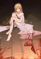  absurdres bare_legs bare_shoulders barefoot black_ribbon blonde_hair blood blood_on_clothes blood_on_ground dress female highres kiss-shot_acerola-orion_heart-under-blade kizumonogatari knees_up legs long_hair looking_at_viewer monogatari_(series) oshino_shinobu petite pointy_ears ribbon sleeveless solo spaghetti_strap strap_slip teizen_(niwamaee) tile_floor tiles toes vampire very_long_hair white_dress yellow_eyes 