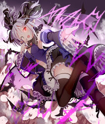  :d animal armpits bat_(animal) black_bow black_skirt black_thighhighs blue_shirt boots bow breasts brown_eyes brown_footwear chouhakai!!_barbarossa cross-laced_footwear curled_horns demon_girl demon_horns demon_wings detached_sleeves female fingernails frilled_skirt frills givuchoko glowing glowing_eye grey_hair grey_wings hair_between_eyes hairbow hand_to_own_mouth heterochromia highres horns knee_boots lace-up_boots long_sleeves looking_at_viewer looking_back medium_breasts nail_polish navel oerba_yun_fang open_mouth pointy_ears purple_nails red_eyes shirt skirt sleeveless sleeveless_shirt smile solo standing standing_on_one_leg thighhighs thighhighs_under_boots transparent transparent_wings twintails v-shaped_eyebrows wide_sleeves wings 