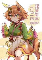  +_+ animal_ears artist_name blush bow breasts brown_eyes closed_mouth commentary_request dandelion daruma_doll dated ear_covers female flipped_hair floral_print flower green_kimono hair_between_eyes hair_flower hair_ornament hakama highres horse_ears horse_girl horse_tail japanese_clothes kimono long_sleeves looking_at_viewer matikanefukukitaru_(chance_encounters_can_be_a_blessing)_(umamusume) matikanefukukitaru_(umamusume) medium_breasts obi official_alternate_costume orange_hair ribbon sash short_hair simoyuki single_ear_cover sleeves_past_wrists smile solo tail umamusume wide_sleeves yellow_eyes 