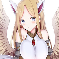  animal_ears bare_shoulders breasts breasts_squeezed_together brown_wings character_request chouhakai!!_barbarossa closed_mouth feathered_wings female givuchoko grey_eyes large_breasts light_brown_hair long_hair parted_bangs shirt simple_background sleeveless sleeveless_shirt smile solo upper_body white_background white_shirt wings 