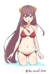  absurdres alternate_costume bikini bow breasts collarbone female hairbow highres kamikaze_(kancolle) kantai_collection long_hair looking_at_viewer medium_breasts open_mouth purple_eyes purple_hair red_bikini side-tie_bikini_bottom solo string_bikini swimsuit the_second_form very_long_hair wading yellow_bow 