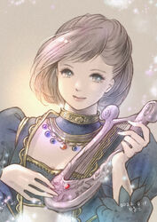  2022 adventurer_(ff11) artist_name bandeau bard_(final_fantasy) black_bandeau black_jacket blue_eyes breasts brown_hair cleavage closed_mouth cropped_jacket dated female final_fantasy final_fantasy_xi gold_trim highres holding holding_instrument hume instrument jacket lyre music open_clothes open_jacket pink_lips piyoco playing_instrument short_hair smile solo upper_body 