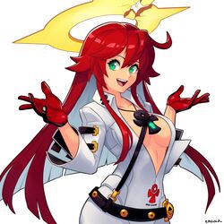  absurdres ankh ankh_necklace bell-bottoms belt black_gloves bodysuit breasts broken_halo collarbone colored_inner_hair female front_slit gloves green_eyes guilty_gear guilty_gear_strive hair_between_eyes halo highres jack-o&#039;_valentine large_breasts long_hair looking_at_viewer multicolored_hair open_mouth pants red_hair simple_background skull_belt smgold smile solo spiked_halo studded_belt teeth too_many too_many_belts two-tone_hair upper_teeth_only very_long_hair white_bodysuit white_hair 