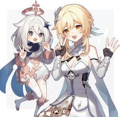  2024 2girls :d bare_shoulders black_gloves blonde_hair blue_cape breasts cape cleavage commentary_request cowboy_shot detached_sleeves dress feather_hair_ornament feathers flower genshin_impact gloves grey_eyes grey_flower hair_flower hair_ornament halo hands_up highres kino_(m6t2a) long_hair looking_at_viewer lumine_(genshin_impact) mechanical_halo multiple_girls open_mouth orange_eyes paimon_(genshin_impact) partially_fingerless_gloves romper short_hair_with_long_locks sleeveless sleeveless_dress smile v white_background white_dress white_footwear white_hair white_romper white_sleeves 