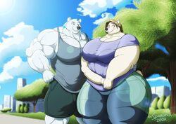  2023 anthro artist_name bear big_breasts blush bottomwear breasts building clothing cloud duo female fur hair hi_res huge_breasts ivanna_(xxsparcoxx) male mammal muscular muscular_anthro muscular_male overweight overweight_anthro overweight_female pants plant polar_bear polaris_(wulfbane023) shirt shorts shrub sidewalk sky thick_thighs topwear ursine white_body white_fur xxsparcoxx 