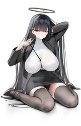  absurdres adjusting_strap arm_behind_head bag between_breasts black_footwear black_hair black_halo black_jacket black_panties black_skirt black_thighhighs blue_archive blunt_bangs breasts bright_pupils female hair_ornament hairclip halo handbag high-waist_skirt high_heels highres huge_breasts jacket long_hair malon_(chuan2700) panties parted_lips pencil_skirt red_eyes rio_(blue_archive) sitting skirt solo strap_between_breasts sweater sweater_tucked_in thighhighs thighs turtleneck turtleneck_sweater underwear very_long_hair wariza white_background white_pupils white_sweater 