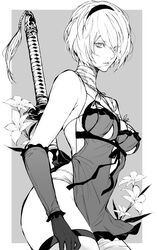  2b_(nier:automata) absurdres bandage_on_neck bandages bandaid bandaid_on_leg bare_shoulders breasts closed_mouth commentary_request cosplay female frills gloves grey_background greyscale hair_ornament hairband highres kaine_(nier) kaine_(nier)_(cosplay) lips looking_at_viewer medium_breasts mole mole_under_mouth monochrome negligee nier nier:automata nier_(series) nishiii26miii short_hair sleeveless thighhighs thighs weapon 