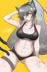  absurdres animal_ears arknights arm_up black_shorts blush breasts cat_ears cat_girl cat_tail cleavage female grey_hair hair_between_eyes highres large_breasts long_hair micro_shorts navel ponytail schwarz_(arknights) shorts signature simple_background solo stomach sweat tail thigh_strap thighs very_long_hair yellow_background yellow_eyes yosua_0669 