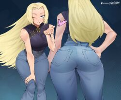  ass bare_arms bare_shoulders blonde_hair blowing_kiss blue_background breasts brown_eyes chinese_clothes denim english_commentary feet_out_of_frame female flytrapxx gradient_background hand_on_own_hip heart jeans jujutsu_kaisen large_breasts long_hair multiple_views one_eye_closed pants shirt signature simple_background sleeveless sleeveless_shirt toned tsukumo_yuki_(jujutsu_kaisen) very_long_hair 