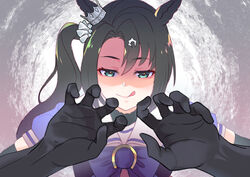  animal_ears black_gloves black_hair black_shirt black_undershirt bow closed_mouth commentary_request doushi_tatsu_to_dekkai_no elbow_gloves female gloves green_eyes grey_background hair_between_eyes highres horse_ears horse_girl licking_lips multicolored_hair ponytail puffy_short_sleeves puffy_sleeves purple_bow purple_shirt sailor_collar satono_crown_(umamusume) school_uniform shirt short_sleeves simple_background smile solo streaked_hair summer_uniform tongue tongue_out tracen_school_uniform umamusume undershirt upper_body white_hair 