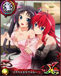  2girls ahoge black_hair blue_eyes breasts card_(medium) chess_piece cleavage collarbone from_behind grabbing grabbing_another&#039;s_breast grabbing_from_behind hair_between_eyes high_school_dxd high_school_dxd_cross indoors king_(chess) large_breasts long_hair multiple_girls official_art open_mouth red_hair rias_gremory see-through serafall_leviathan smile tongue twintails yuri 