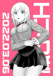  absurdres adjusting_clothes blue_eyes breasts cowboy_shot dated female girls_und_panzer greyscale highres itsumi_erika kuromorimine_school_uniform large_breasts limited_palette long_sleeves looking_down medium_hair monochrome parted_lips pink_background pleated_skirt school_uniform simple_background skirt solo sutahiro_(donta) taut_clothes teeth text_background upper_teeth_only 