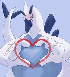  2022 absurd_res ambiguous_gender anthro belly belly_squish big_belly big_hands biped blue_background blue_belly blue_body blush digital_drawing_(artwork) digital_media_(artwork) fangs front_view generation_2_pokemon gesture hand_heart heart_symbol hi_res legendary_pokemon looking_at_viewer lugia milestone_celebration multicolored_body nintendo open_mouth open_smile overweight overweight_ambiguous overweight_anthro pokemon pokemon_(species) portrait purple_eyes semi-anthro simple_background smile solo squish tail teeth thanking three-quarter_portrait two_tone_body white_body xeniyy 