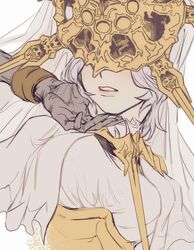  1boy breasts capelet dark_souls_(series) dark_souls_i dark_souls_iii dark_sun_gwyndolin dress female genderswap_(mtf) gold_headwear grey_capelet grey_dress grey_hair highres large_breasts nameless_king parted_lips rule_63 short_hair solo_focus spiked_helmet teeth upper_body zunkome 