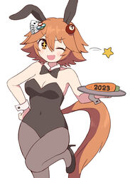  +_+ 2023 alternate_costume animal_ears bare_shoulders black_bow black_bowtie black_footwear black_leotard black_pantyhose blush bow bowtie breasts carrot commentary_request detached_collar ear_covers fake_animal_ears female flipped_hair food hair_between_eyes hair_ornament hand_on_own_hip high_heels highres holding holding_tray horse_ears horse_girl horse_tail leg_up leotard looking_at_viewer matikanefukukitaru_(umamusume) medium_breasts one_eye_closed open_mouth orange_hair pantyhose playboy_bunny rabbit_ears short_hair simoyuki simple_background smile solo star_(symbol) strapless strapless_leotard tail tray umamusume white_background wrist_cuffs yellow_eyes 