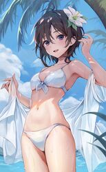  bikini black_hair blue_eyes breasts female flower hair_flower hair_ornament hd_(sw4189101) highres medium_breasts midriff navel open_mouth original outdoors short_hair solo standing stomach swimsuit white_bikini 