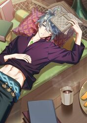  1boy alhaitham_(genshin_impact) aqua_eyes bed black_pants black_shirt book genshin_impact grey_hair hair_between_eyes highres holding holding_book jewelry lying male_focus midriff multicolored_hair narahazime navel pants pillow shirt short_hair solo stomach 