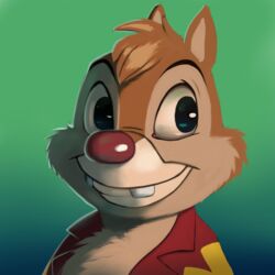  1:1 2023 absurd_res aloha_shirt aloha_shirt_only anthro bottomless buckteeth bust_portrait chip_&#039;n_dale_rescue_rangers chipmunk clothed clothing dale_(disney) digital_media_(artwork) disney fur gradient_background green_background ground_squirrel head_tuft hi_res looking_aside lowfire3 male mammal open_clothing open_shirt open_topwear pattern_clothing pattern_shirt pattern_topwear portrait red_nose rodent sciurid shirt simple_background smile solo tan_body tan_fur teeth topwear tuft 