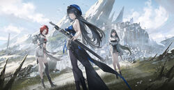  3girls arm_under_breasts baizhi_(wuthering_waves) bare_shoulders black_gloves black_hair black_pantyhose black_thighhighs blue_headwear breasts chixia_(wuthering_waves) city commentary_request day detached_sleeves dutch_angle gloves half_gloves highres holding holding_sword holding_weapon large_breasts long_hair looking_at_viewer medium_breasts multiple_girls outdoors pantyhose red_hair reoen short_hair single_glove single_thighhigh sword thigh_strap thighhighs weapon wuthering_waves yangyang_(wuthering_waves) 