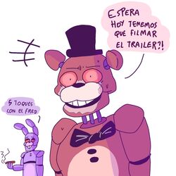  2023 animatronic anthro bear bonnie_(fnaf) brown_body buckteeth cigarette clothing cocaine dialogue digital_media_(artwork) drugs duo five_nights_at_freddy&#039;s freddy_(fnaf) hat headgear headwear hi_res lagomorph leporid machine male mammal purple_body rabbit red_eyes renita_reed robot scottgames simple_background spanish_text surprise teeth text translated white_background 