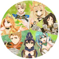  3girls 4boys :d absurdres alfred_(fire_emblem) aqua_hair armor black_hair blonde_hair blue_headwear boucheron_(fire_emblem) bow breasts brown_hair butterfly_hair_ornament celine_(fire_emblem) chloe_(fire_emblem) cleavage closed_mouth crown etie_(fire_emblem) finger_to_mouth fire_emblem fire_emblem_engage flower green_eyes hair_between_eyes hair_flower hair_ornament hairbow hat highres index_finger_raised jean_(fire_emblem) long_hair looking_at_viewer louis_(fire_emblem) multiple_boys multiple_girls open_mouth orange_hair round_image short_hair smile tiara tochiryo yellow_bow yellow_eyes 