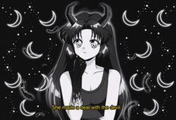  1990s_(style) anime_coloring black_background black_hair black_tank_top black_theme breasts claws cleavage collarbone commentary commission crescent dark demon_horns elbow_on_arm english_commentary english_text eyelashes feathers female gradient_skin greyscale hand_on_own_chin horns itou_ikuko_(style) long_hair looking_at_viewer medium_breasts monochrome nyahallo original outline parted_bangs parted_lips retro_artstyle simple_background smile solo starry_background tank_top upper_body white_outline 