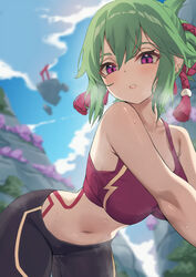  alternate_breast_size alternate_costume bare_shoulders black_shorts blurry blurry_background body_markings breasts cloud cloudy_sky commentary female genshin_impact green_hair hair_between_eyes hair_ribbon highres kangbus kuki_shinobu large_breasts leaning_forward midriff navel no_mask ponytail purple_eyes purple_sports_bra red_ribbon ribbon shorts sky solo sports_bra sportswear standing stomach stomach_tattoo sweat tattoo torii 