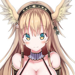  absurdres bare_shoulders blonde_hair breasts brown_wings character_request chouhakai!!_barbarossa cleavage feathered_wings female givuchoko green_eyes hair_between_eyes head_wings highres large_breasts long_hair simple_background solo star_(symbol) star_in_eye symbol_in_eye upper_body white_background wings 