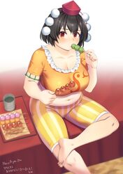  absurdres barefoot belly black_hair blush breasts brown_eyes cleavage commentary_request commission cosplay cup dango eating female food food_in_mouth foot_out_of_frame frilled_shirt frills green_tea hat highres holding holding_food large_breasts looking_at_viewer medium_bangs midriff navel orange_shirt plump pom_pom_(clothes) red_hat ringo_(touhou) ringo_(touhou)_(cosplay) shameimaru_aya shirt short_hair short_sleeves shorts sitting skeb_commission solo striped_clothes striped_shorts tarmo tea toes tokin_hat touhou translation_request vertical-striped_clothes vertical-striped_shorts wagashi yellow_shorts yunomi 