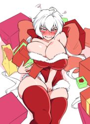  ahoge alternate_breast_size bare_shoulders blush bow box breasts camerata christmas cleavage dress female fur_trim gift gift_bag gift_box hair_between_eyes hairbow highres huge_breasts long_hair looking_at_viewer purple_eyes red_bow red_dress red_thighhighs santa_dress senki_zesshou_symphogear solo thick_thighs thighhighs thighs twintails very_long_hair white_background white_hair yukine_chris 