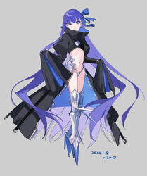  armored_boots black_jacket blue_eyes blue_ribbon blush boots breasts cropped_jacket crotch_plate fate/grand_order fate_(series) female full_body hair_ribbon highres jacket long_hair long_sleeves looking_at_viewer navel prosthesis prosthetic_leg purple_hair ribbon rizu033 sleeves_past_fingers sleeves_past_wrists small_breasts solo very_long_hair 