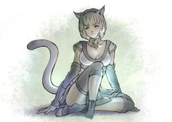  adventurer_(ff11) animal_ears blonde_hair blue_eyes breasts cat_ears cat_girl cat_tail cleavage closed_mouth detached_sleeves facial_mark female final_fantasy final_fantasy_xi hairband highres long_sleeves medium_breasts mithra_(ff11) piyoco short_hair sitting solo tail tail_raised toeless_legwear whisker_markings 