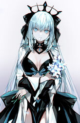  absurdres black_bow black_dress blue_eyes bow breasts center_opening cleavage dress fate/grand_order fate_(series) female flower grey_hair hairbow highres kino_kokko large_breasts long_hair long_sleeves looking_at_viewer morgan_le_fay_(fate) mouth_hold pelvic_curtain petals ponytail sidelocks solo spikes thighs tiara two-tone_dress very_long_hair white_dress wide_sleeves 