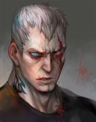  1boy 2012 adam&#039;s_apple blood blood_from_eyes bryan_fury cleft_chin dated frown looking_at_viewer male_focus mature_male neck_tattoo portrait serious shirt short_hair sideburns solo t-shirt tattoo tekken veiny_face white_hair yi_lee 